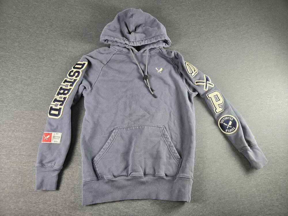 Distorted People Hoodie Sweatshirt Mens XS Blue Graphic Patches Pullover